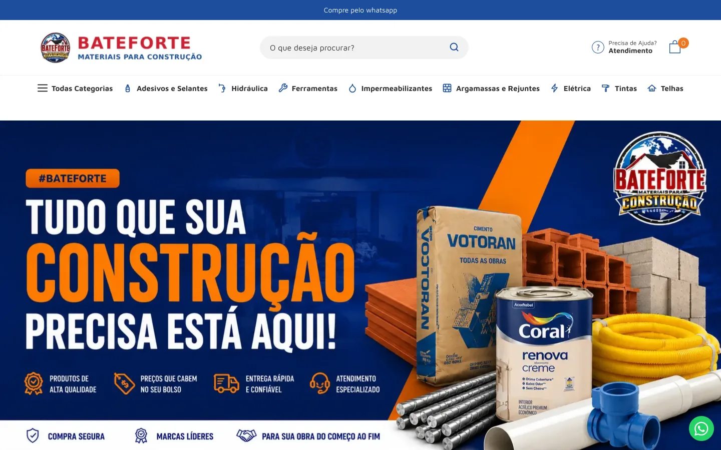 Primeira tela do catálogo online da BateForte, material de construção em Itapecerica da Serra, com pedido pelo WhatsApp