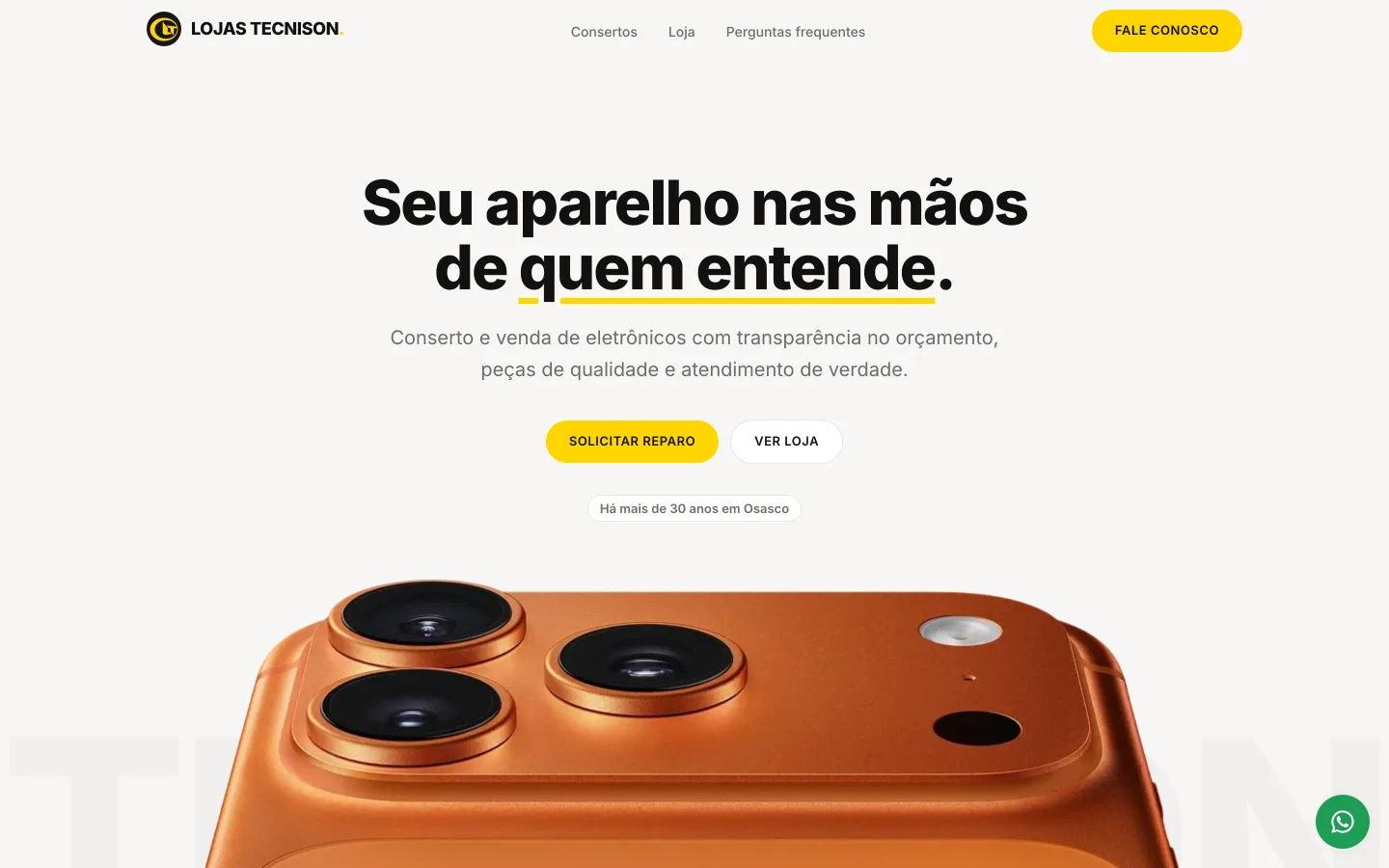 Primeira tela do site da Tecnison, loja de tecnologia e assistência técnica em Osasco, com botão de WhatsApp